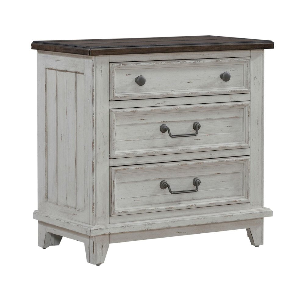 3 Drawer  Nightstand with AC USB Charging Station Cottage , White & Tobacco Wood