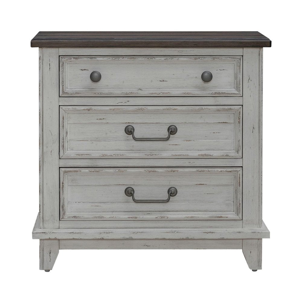 3 Drawer  Nightstand with AC USB Charging Station Cottage , White & Tobacco Wood
