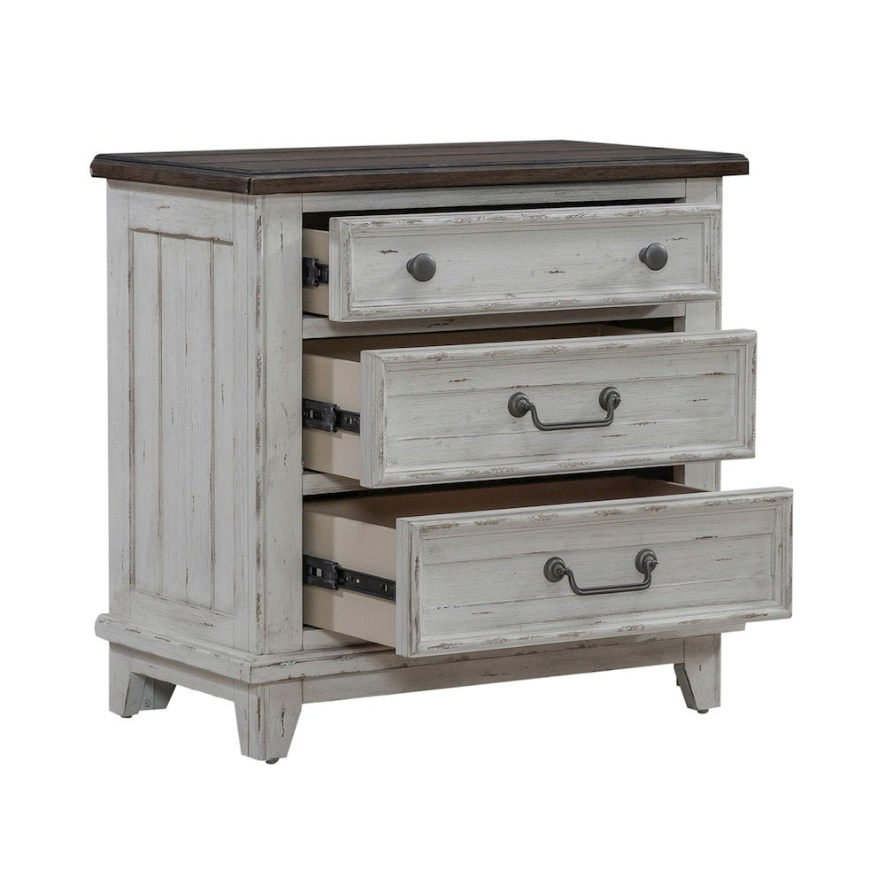 3 Drawer  Nightstand with AC USB Charging Station Cottage , White & Tobacco Wood