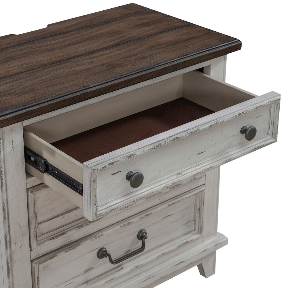 3 Drawer  Nightstand with AC USB Charging Station Cottage , White & Tobacco Wood
