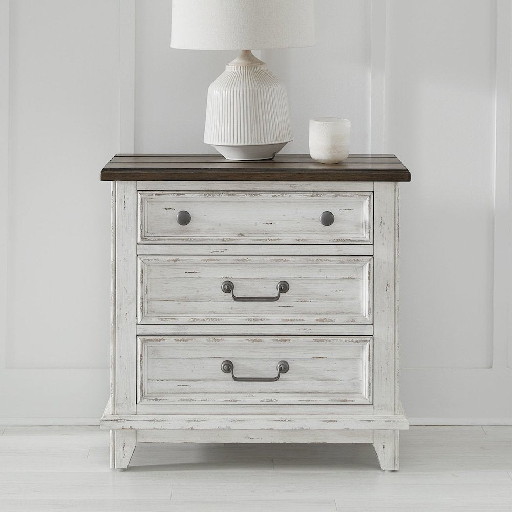 3 Drawer  Nightstand with AC USB Charging Station Cottage , White & Tobacco Wood