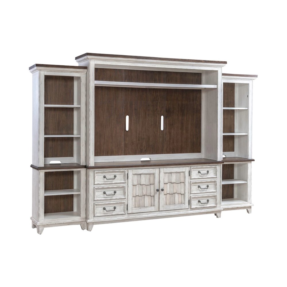 River Place Entertainment Center with Piers - Riverstone White & Tobacco