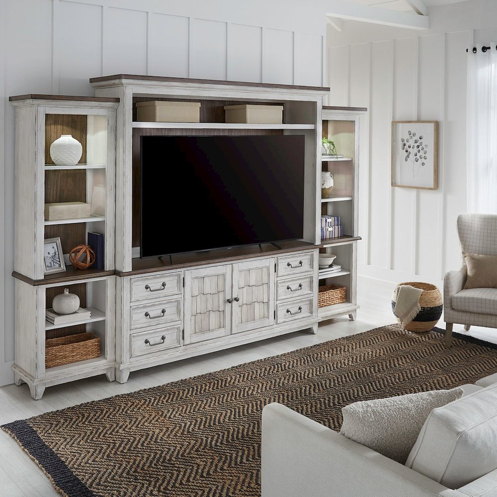 River Place Entertainment Center with Piers - Riverstone White & Tobacco