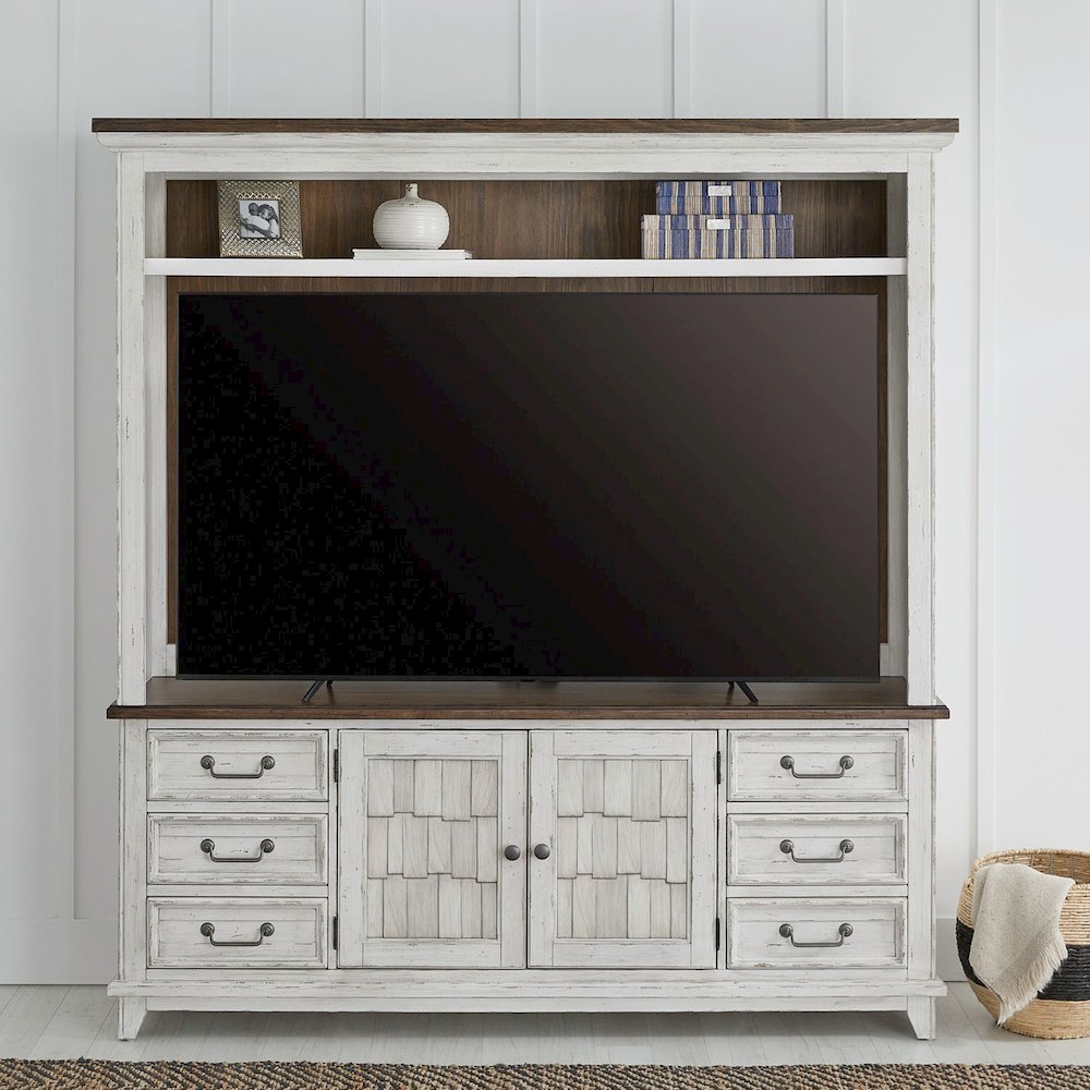 River Place Entertainment Center for Living Room - Riverstone White & Tobacco