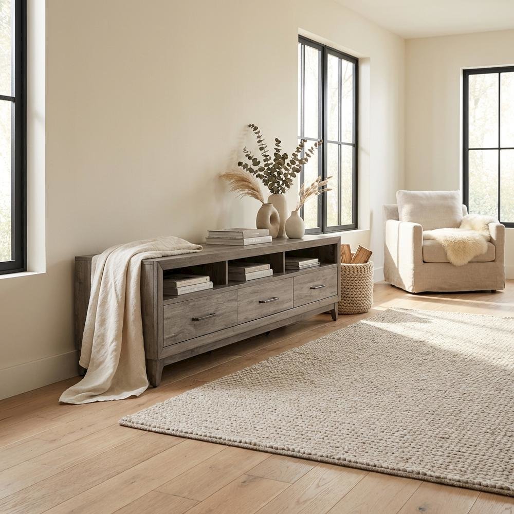 Driftwood gray TV console, contemporary style, wood construction, 76" W