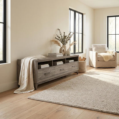 Driftwood gray TV console, contemporary style, wood construction, 76" W