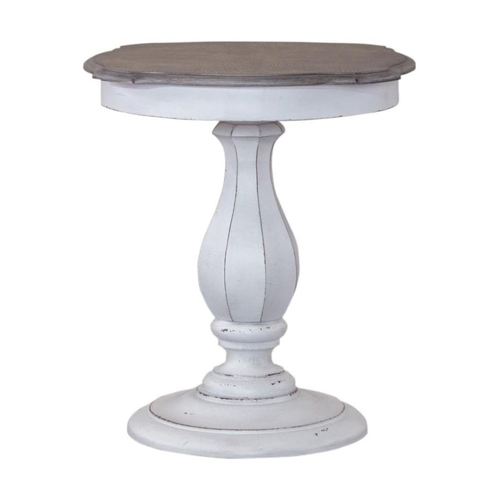 Antique White Accent Table with Round Top, Rustic Side Table Style