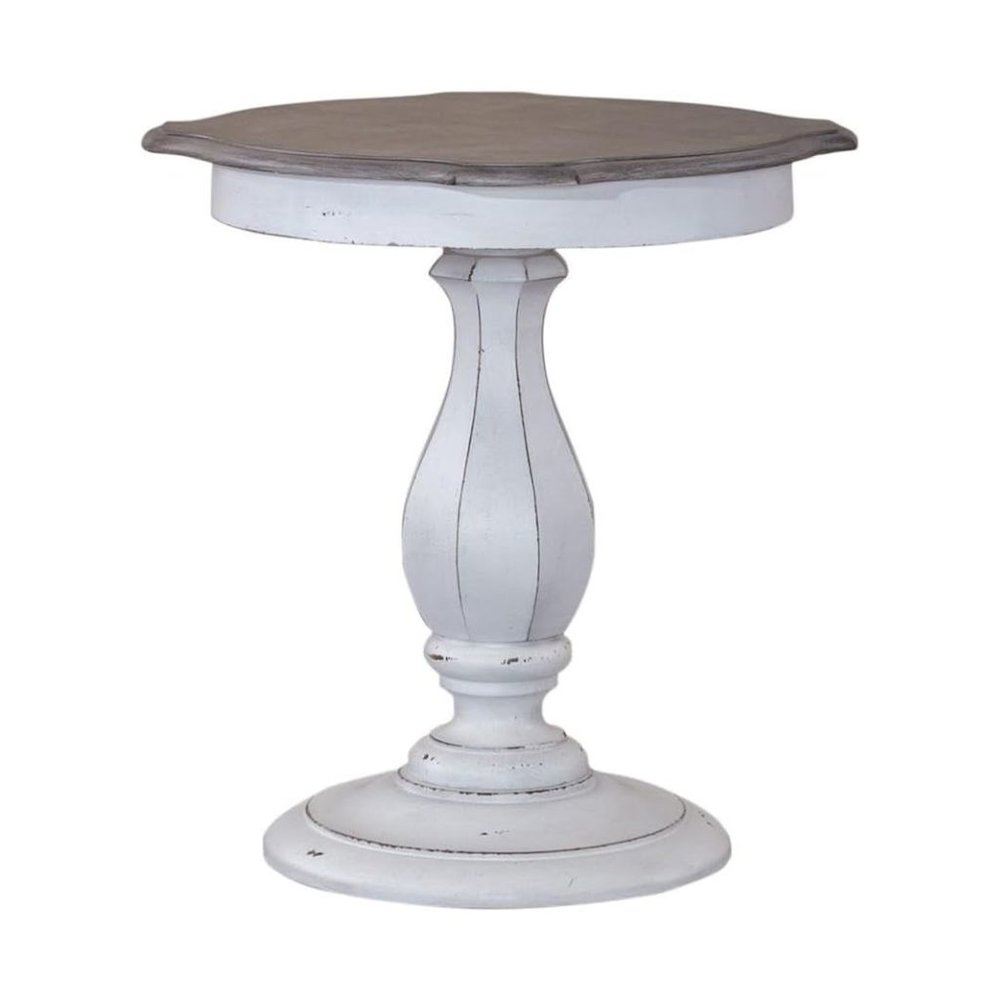 Antique White Accent Table with Round Top, Rustic Side Table Style