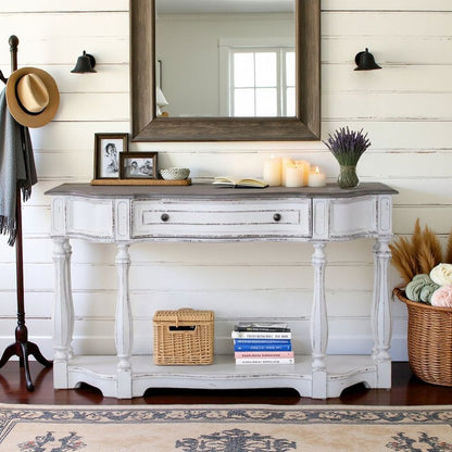 Antique White Console Table with Drawer and Bottom Shelf for Hallway