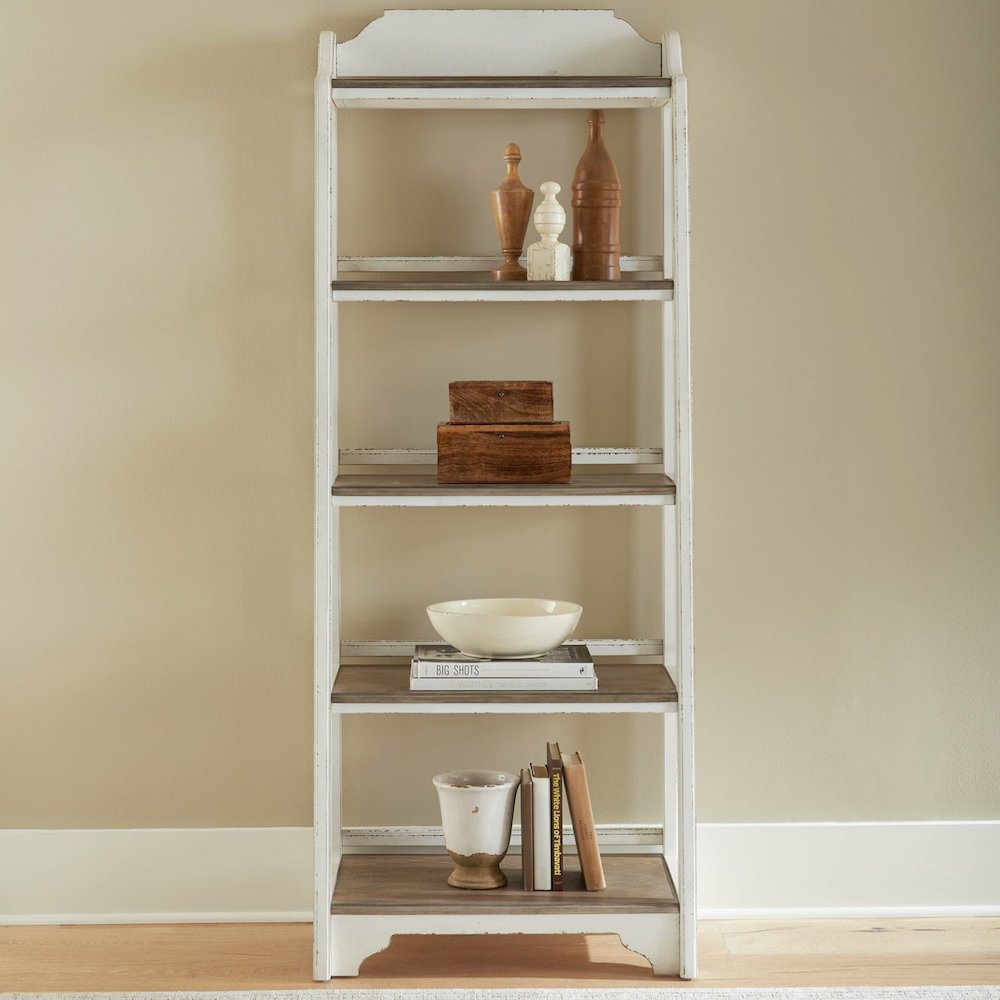 Leaning Pier Ladder Shelf Bookcase Oak Wood Tops 72" Height - Antique White