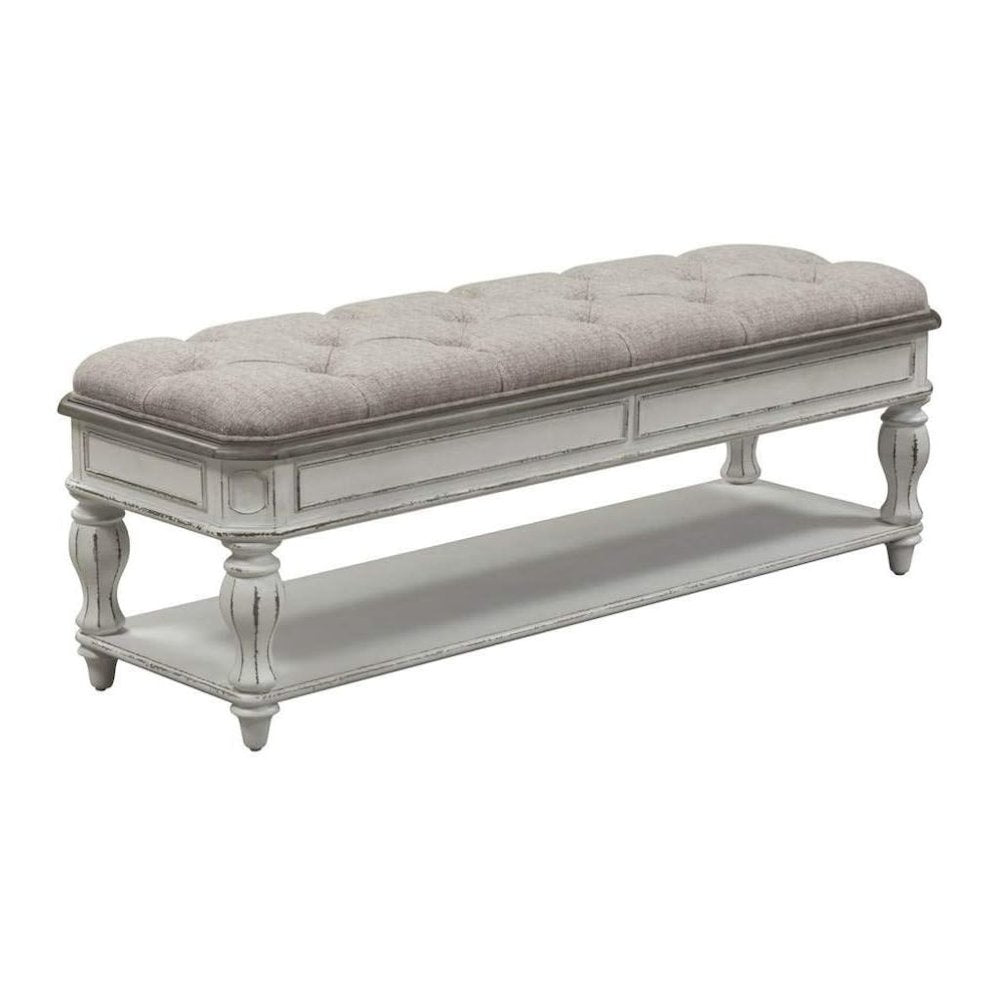 White Antique Bedroom Bench With Storage Shelf, End of Bed Accent Seat
