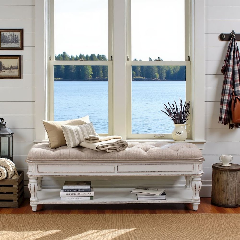 White Antique Bedroom Bench With Storage Shelf, End of Bed Accent Seat