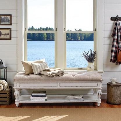 White Antique Bedroom Bench With Storage Shelf, End of Bed Accent Seat