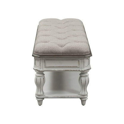 White Antique Bedroom Bench With Storage Shelf, End of Bed Accent Seat