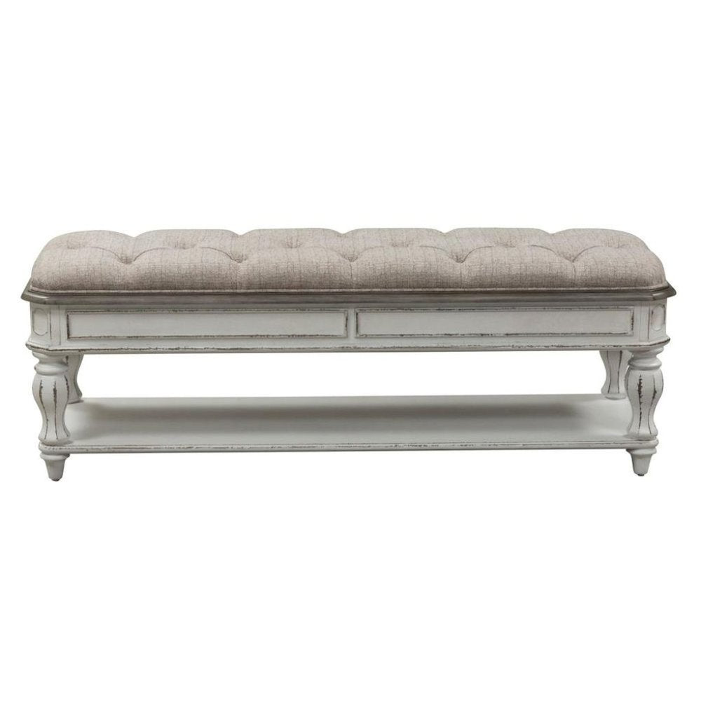 White Antique Bedroom Bench With Storage Shelf, End of Bed Accent Seat