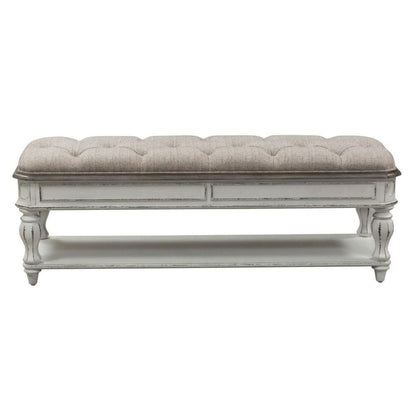 White Antique Bedroom Bench With Storage Shelf, End of Bed Accent Seat