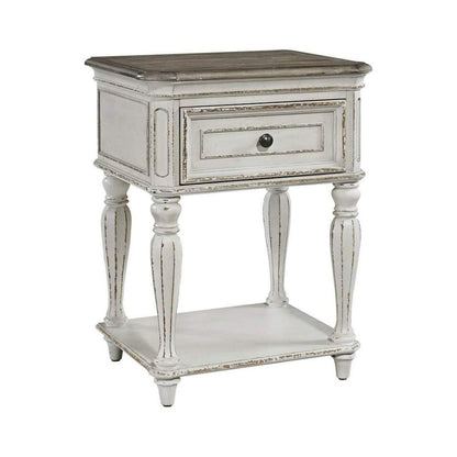 Antique White Nightstand with Drawer and Bottom Shelf, Rustic Accent Table