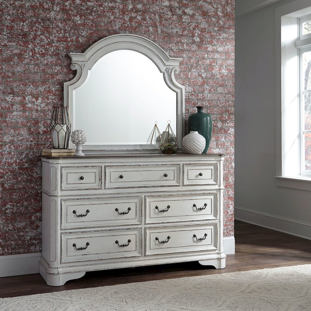 King Upholstered Bed, Dresser & Mirror - Antique White & Weathered Bark