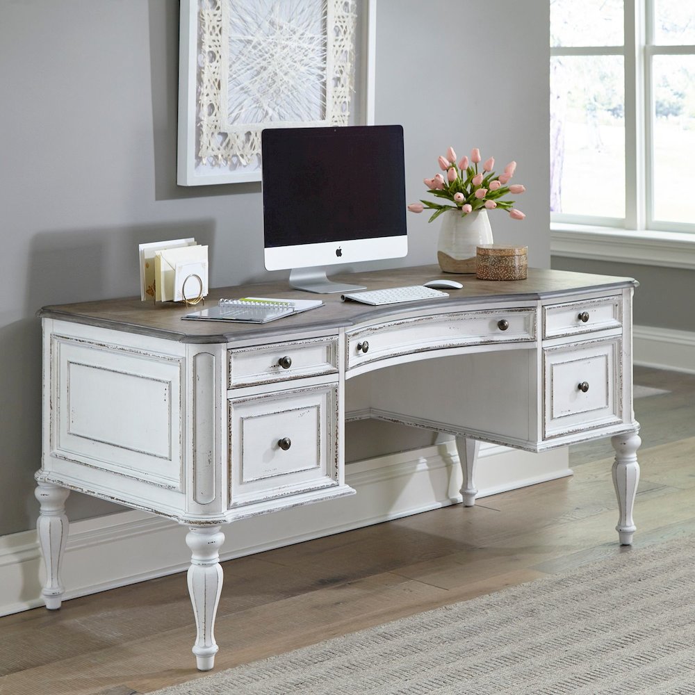 Writing Desk with 5 Drawers European Home Office - Antique White & Bark Oak Wood