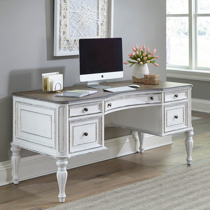 Writing Desk with 5 Drawers European Home Office - Antique White & Bark Oak Wood