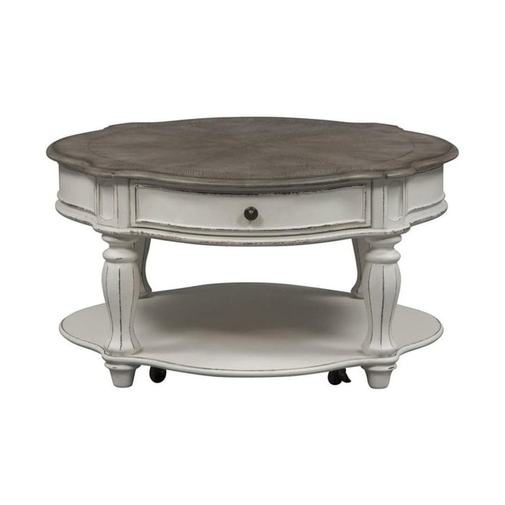 Antique Oval Coffee Table with Drawer And Bottom Shelf in White Finish