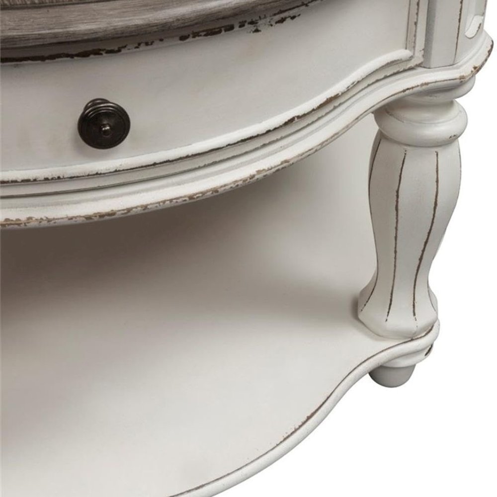 Antique Oval Coffee Table with Drawer And Bottom Shelf in White Finish