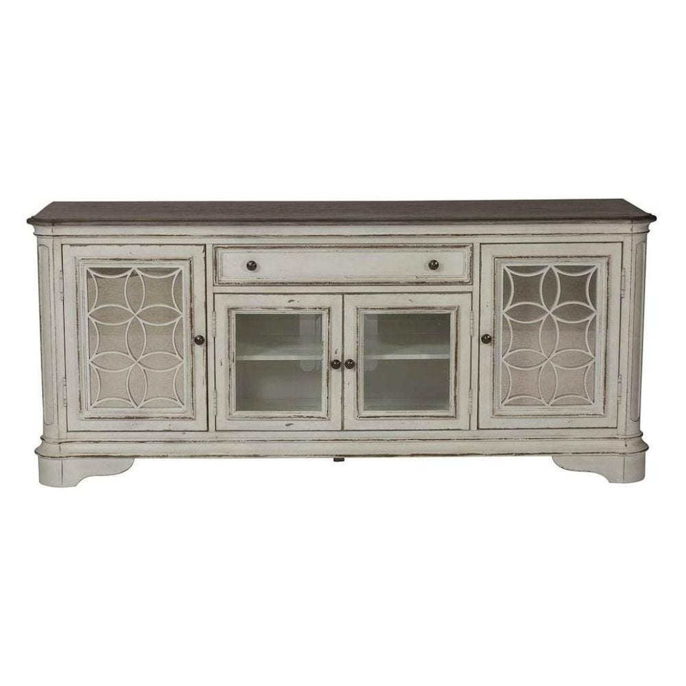 Antique White TV Console with Drawer and 4 Cabinets for Rustic Decor Use