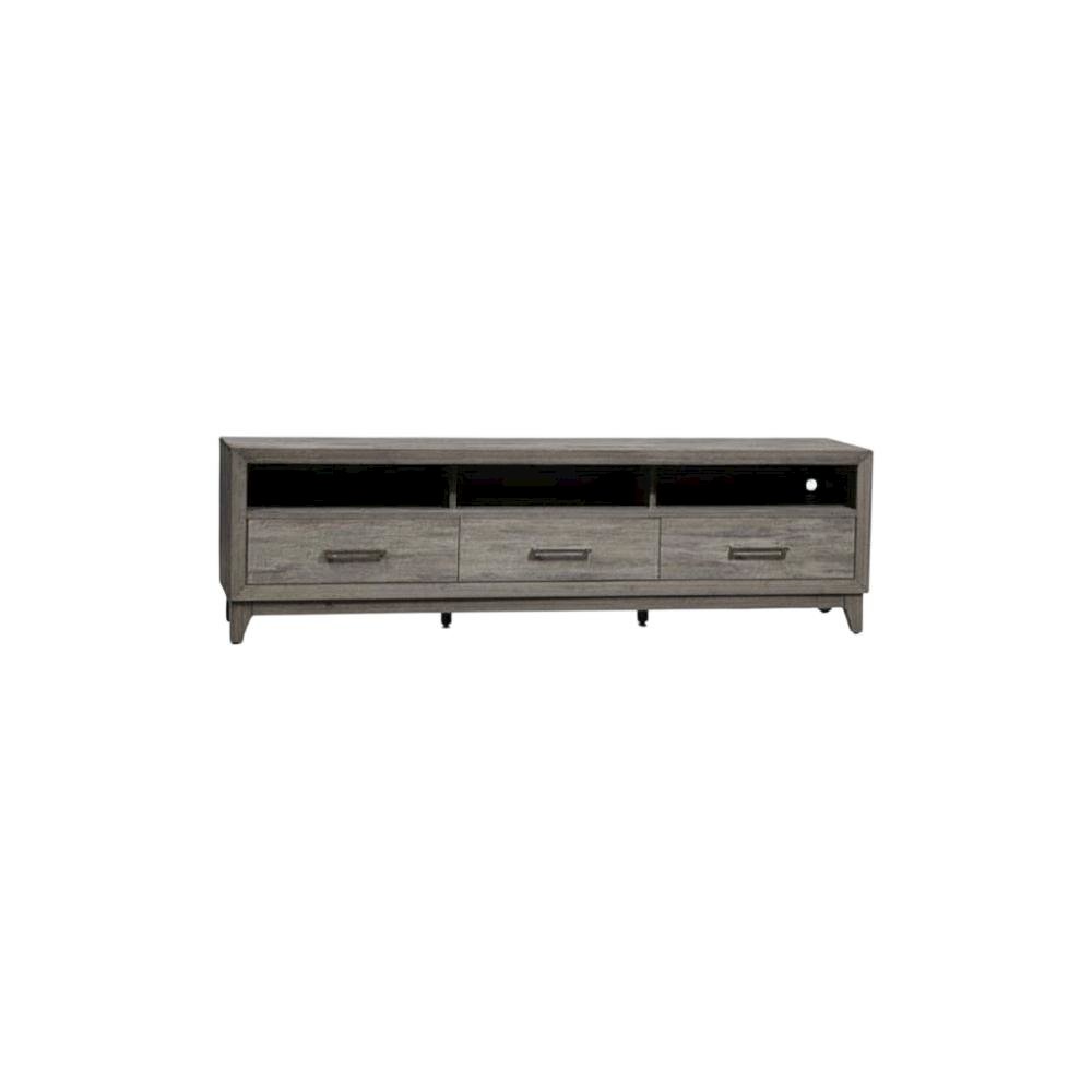Driftwood gray TV console, contemporary style, wood construction, 76" W