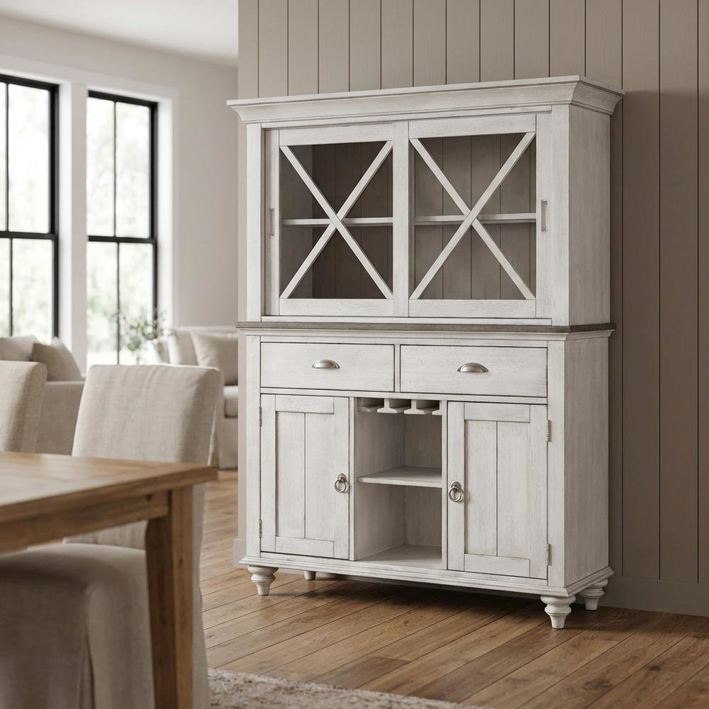 Traditional Rubberwood Hutch & Buffet in Pine Veneers for Dining Room Storage