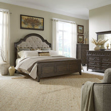 Paradise Valley King Upholstered Bed, Dresser & Mirror - Saddle Brown