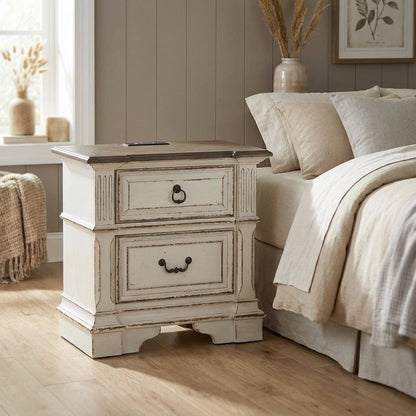 Antique White Nightstand with Charging Station and Storage