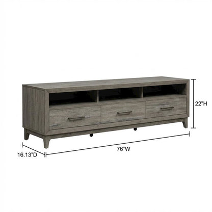 Driftwood gray TV console, contemporary style, wood construction, 76" W