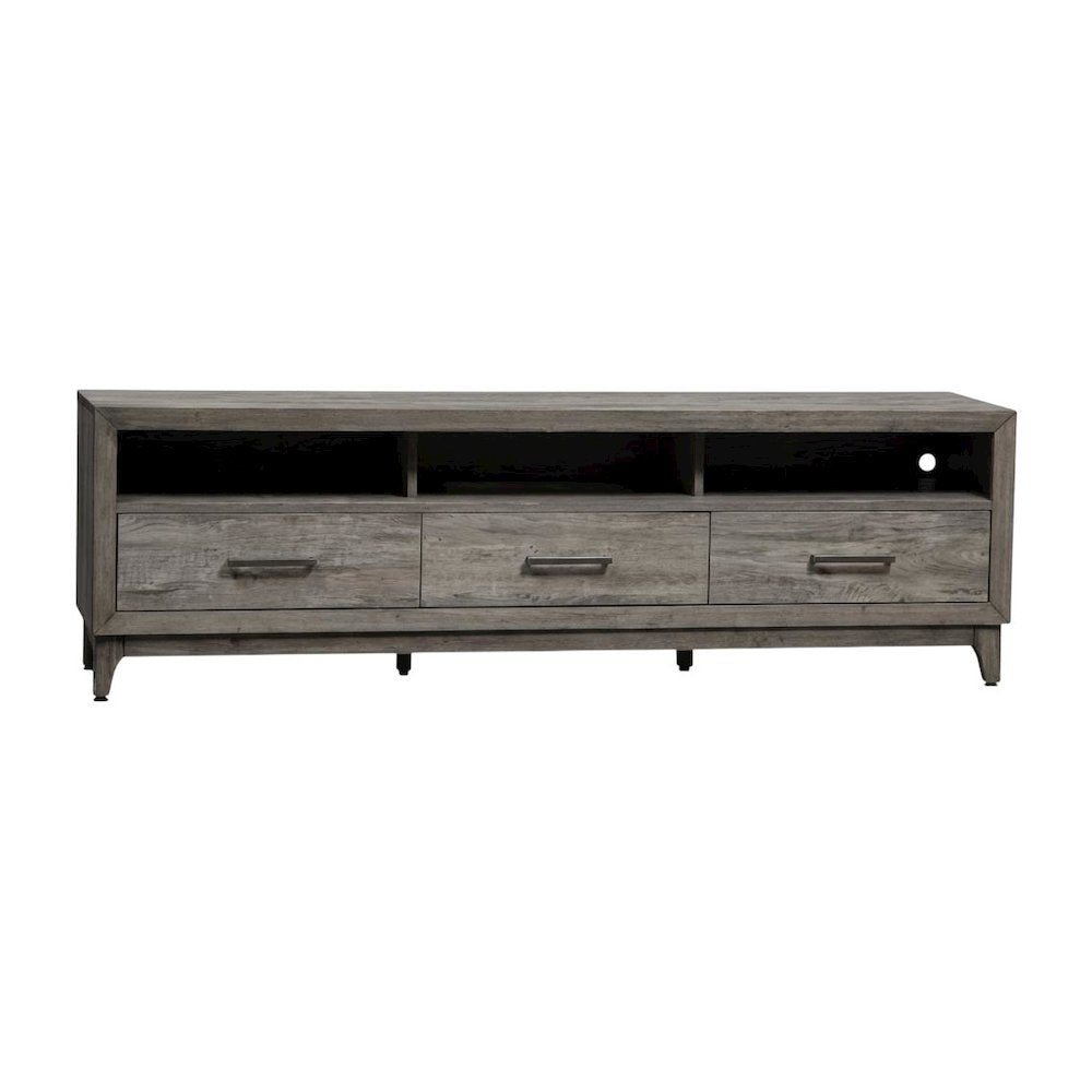 Driftwood gray TV console, contemporary style, wood construction, 76" W