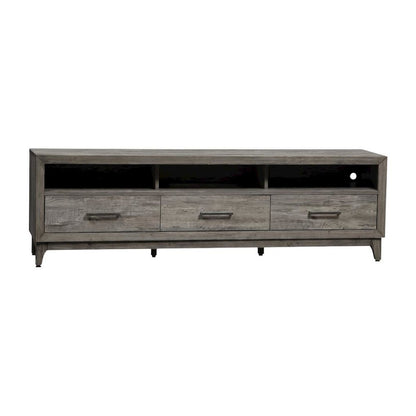 Driftwood gray TV console, contemporary style, wood construction, 76" W