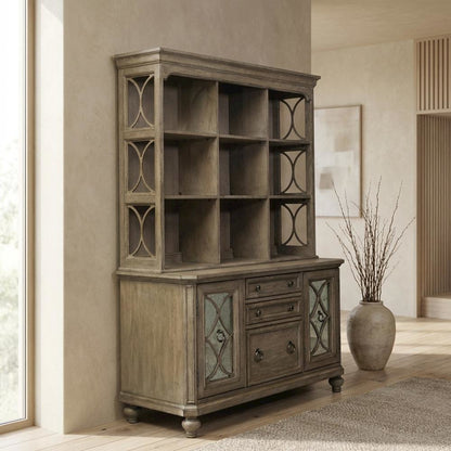Brown Credenza and Hutch Set with Cottage Style Compact Storage