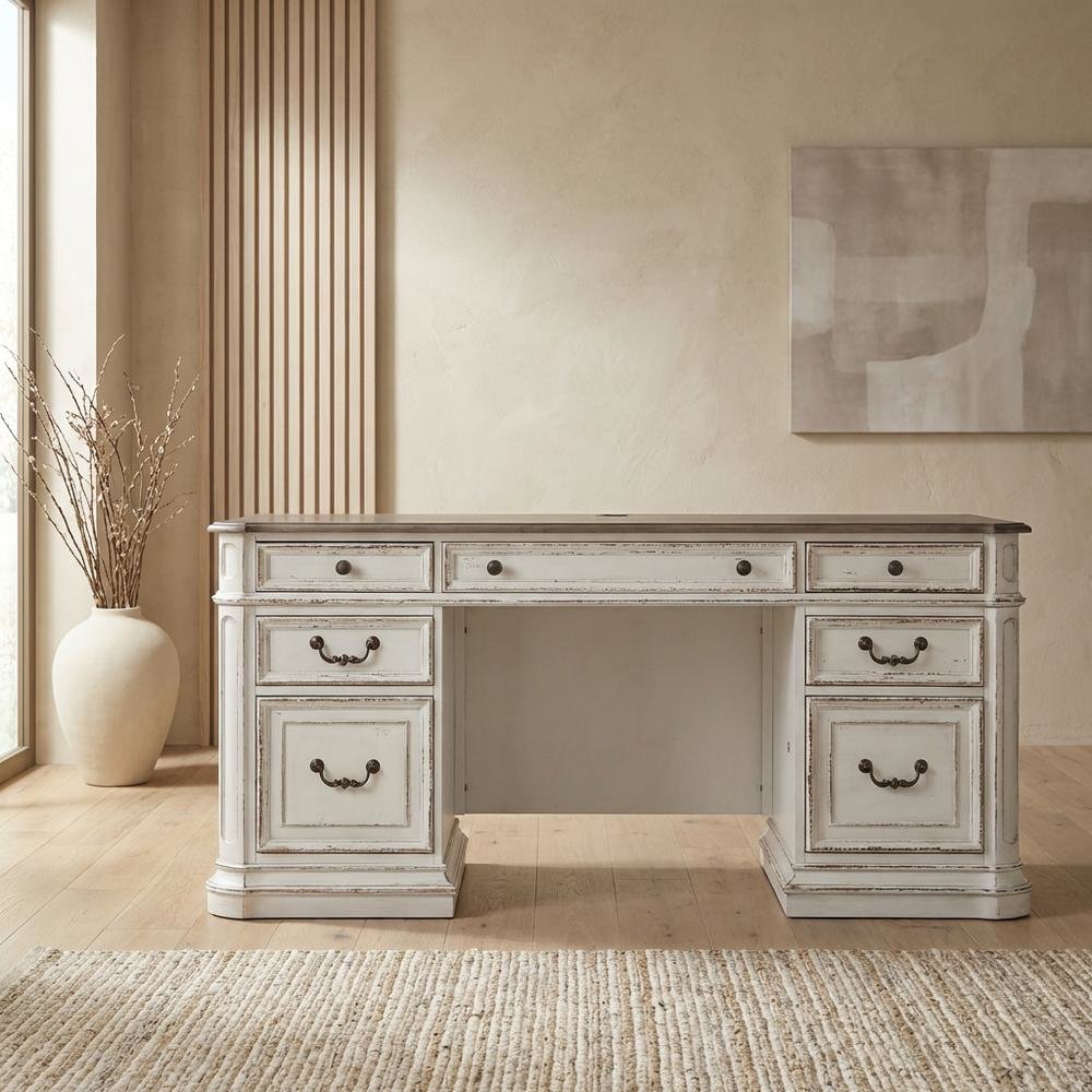 Antique White Credenza with Weathered Finish and Rubberwood Construction