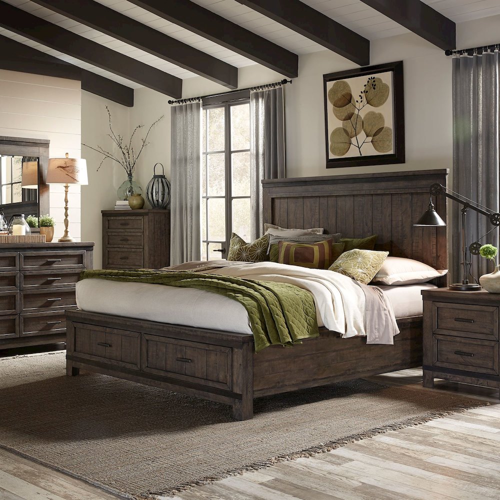 King Storage Bed, Dresser & Mirror, Chest, Night Stand - Rock Beaten Brown