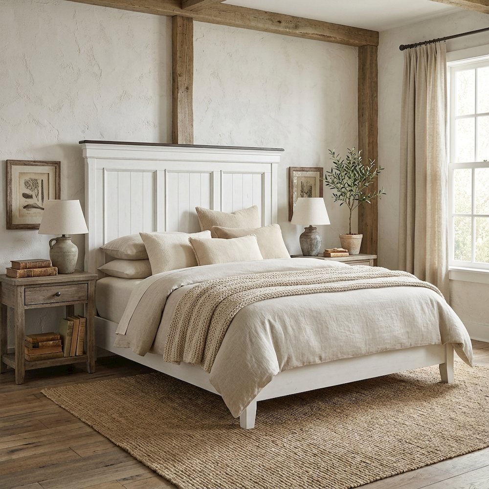 Wirebrushed White Headboard with Charcoal Top Solid Wood Panel Cottage Style