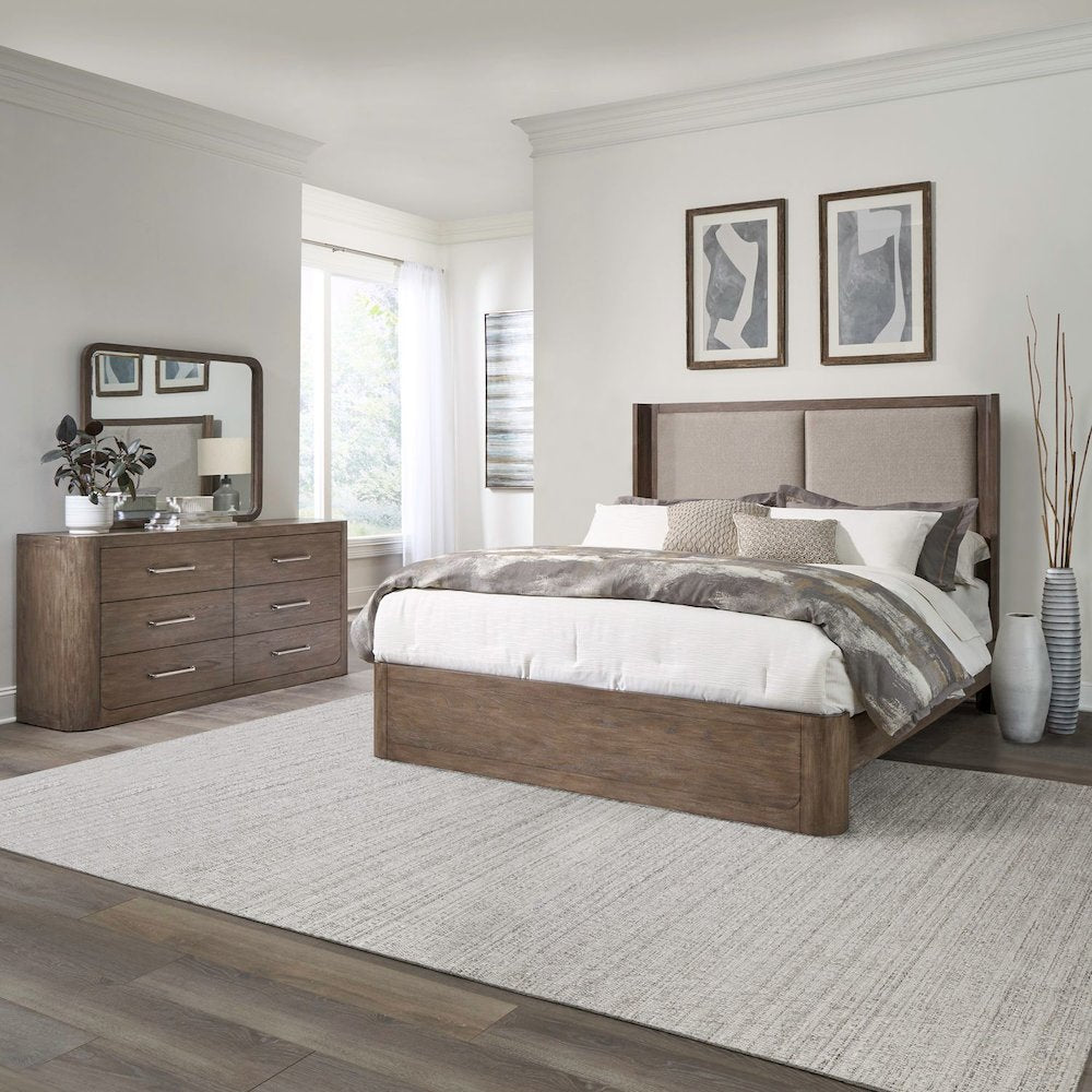 King Shelter Bed, Dresser & Mirror Contemporary Bedroom Set - Burnished Clay