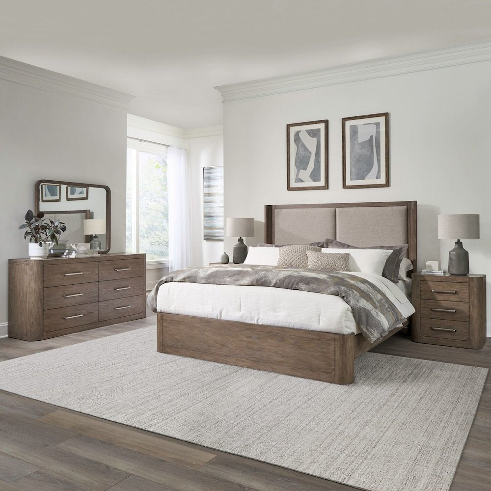 Queen Shelter Bed, Dresser & Mirror, Night Stand Bedroom Set - Burnished Clay
