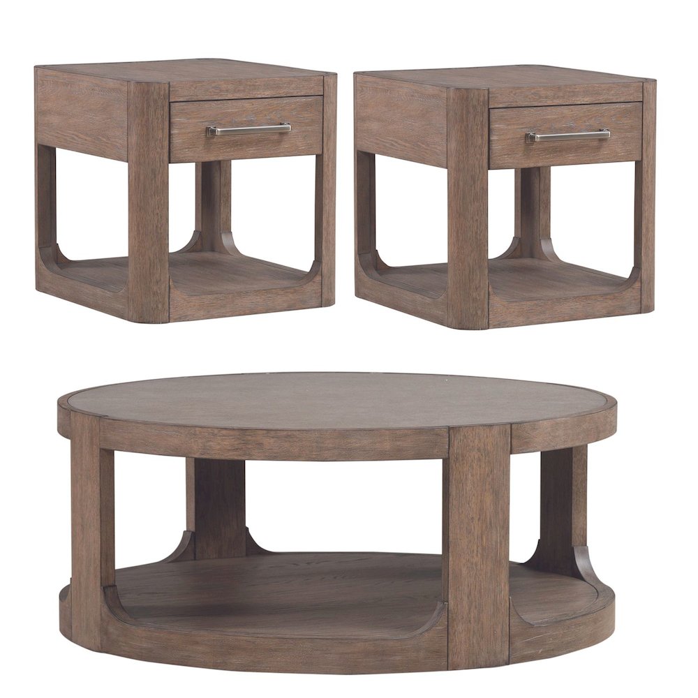 3 Pc Living Room Set Round Cocktail Table, 2 Drawer End Tables - Clay Oak Wood