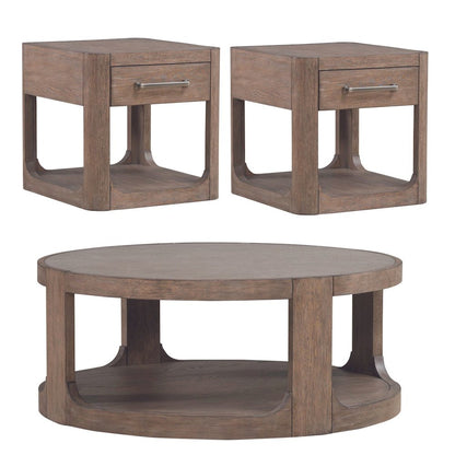 3 Pc Living Room Set Round Cocktail Table, 2 Drawer End Tables - Clay Oak Wood