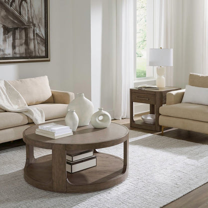 3 Pc Living Room Set Round Cocktail Table, 2 Drawer End Tables - Clay Oak Wood