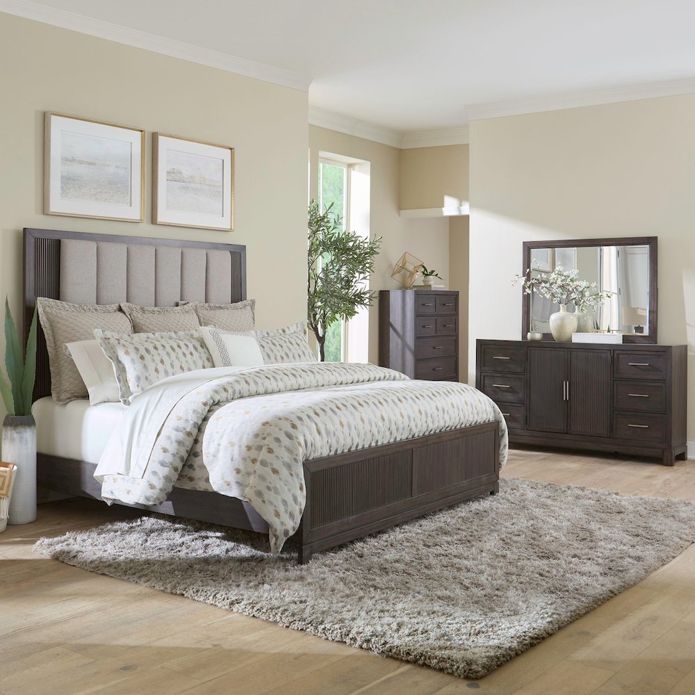 Modern Edge Queen Upholstered Bed, Dresser & Mirror, Chest Bedroom Set - Caffe