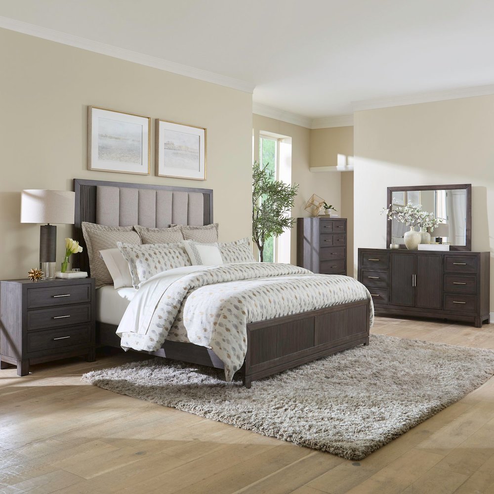 Queen Upholstered Bed, Dresser & Mirror, Chest, Night Stand Bedroom Set - Caffe