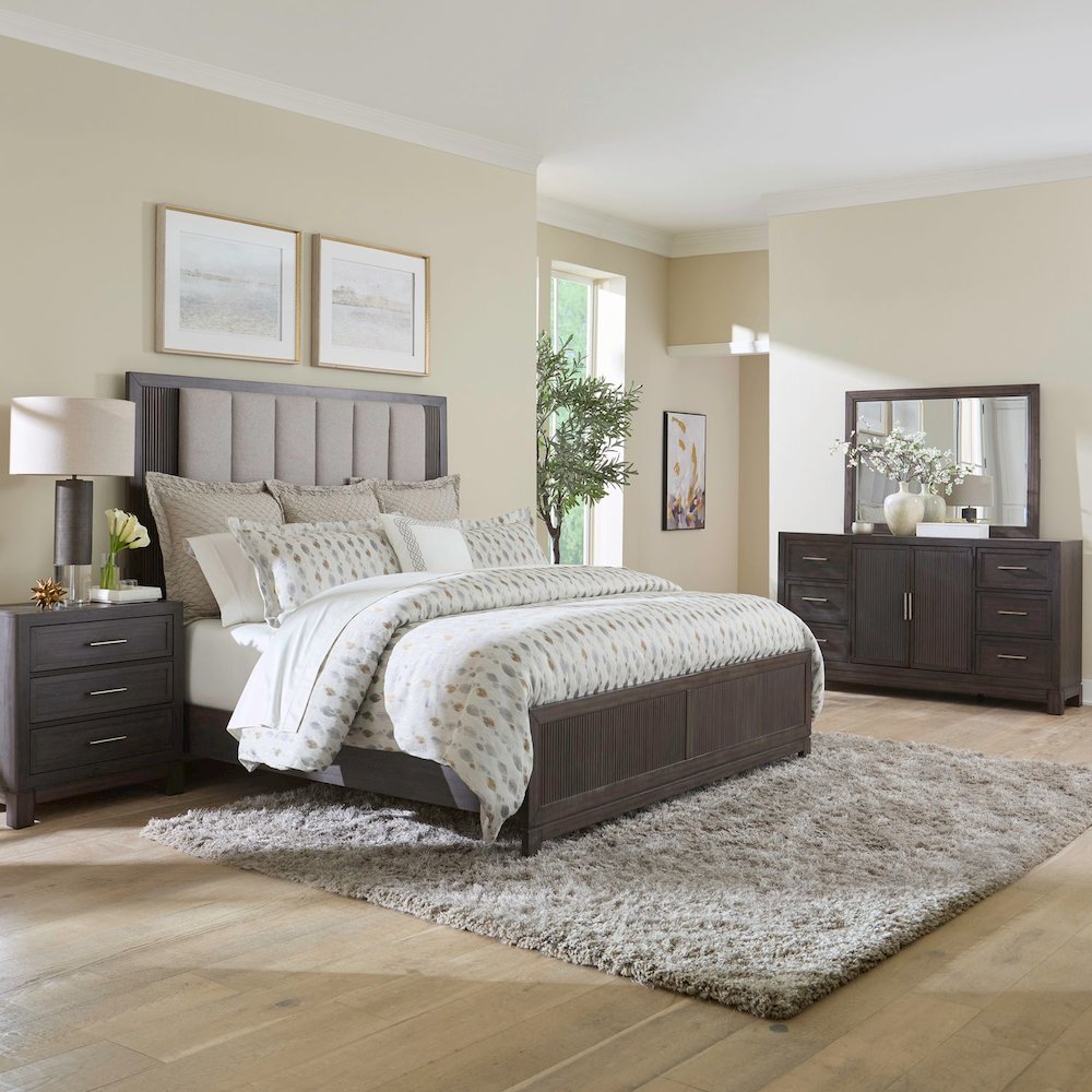 Queen Upholstered Bed, Dresser & Mirror, Night Stand Bedroom Set - Caffe