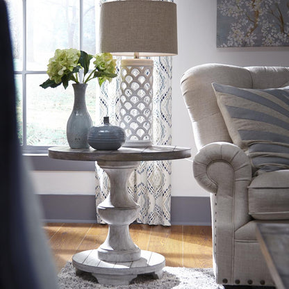 Sedona Round End Table in Heavy Distressed White w/ Gravel Top