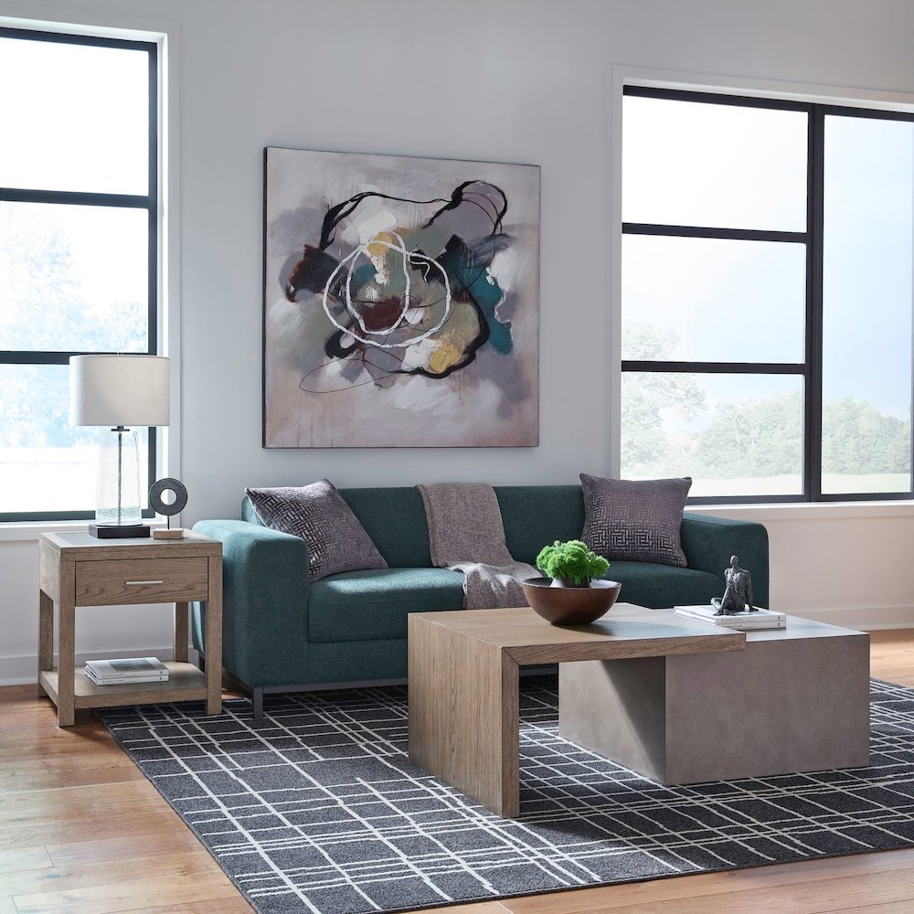 3 Pc Living Room Set, Faux Concrete Block Cocktail Table, 2 End Tables- Oak Wood