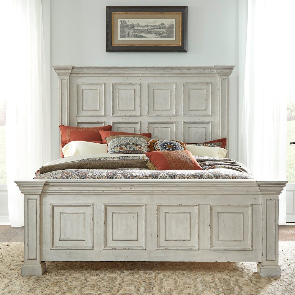 Big Valley King California Panel Bed in Whitestone w/ Heavy Distressing