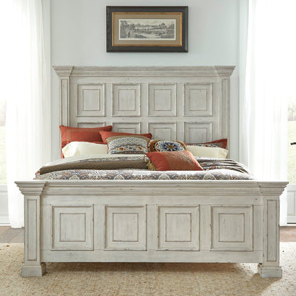 Big Valley King California Panel Bed in Whitestone w/ Heavy Distressing